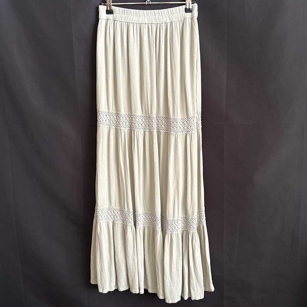 Sim & Sam Womens Small Light Sage Green Tiered Crochet Lace Gauze Maxi Skirt